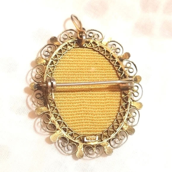 ANTQ MINIATURE Hand Painted on Silk Victorian Lady Silver Pendant Brooch - Picture 4 of 6